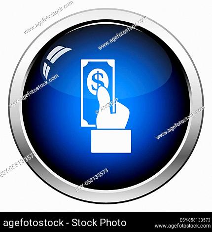 Hand Hold Dollar Banknote Icon. Glossy Button Design. Vector Illustration
