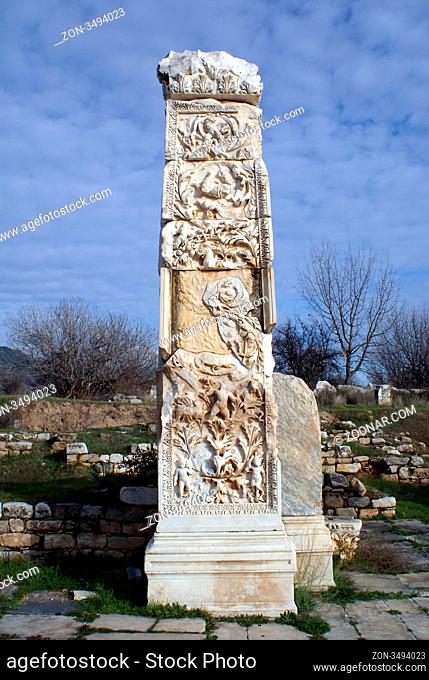 Marble column on ruins of oldtemple in Aphrodisias, Turkey