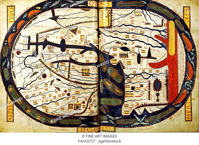The world map from the Saint-Sever Beatus by Anonymous master /Gouache on parchment/Cartography/c. 1050/France/Bibliothèque Nationale de France/37x57/Mythology