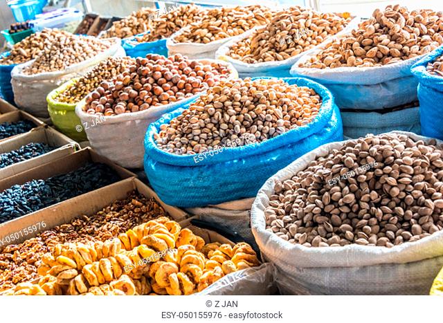 Dried food products sold at the Chorsu Bazaar in Tashkent, Uzbekistan
