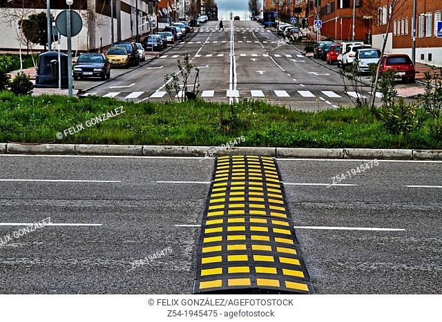 Speed bump on road, Vallecas, Madrid, Spain