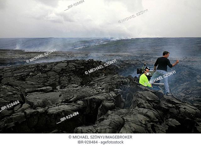 National Geographic IMAX camera team during production work in the Eastern Rift Zone, Kilauea Volcano, Kalapana, Big Island, Hawai'i, Hawaii, USA