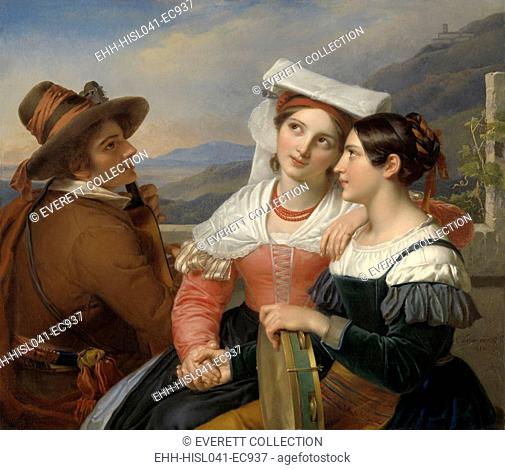 Of One Heart, by Cornelis Kruseman, 1830, Dutch painting, oil on canvas. Three young musicians in Italian folk costume are painted in the neoclassical style...
