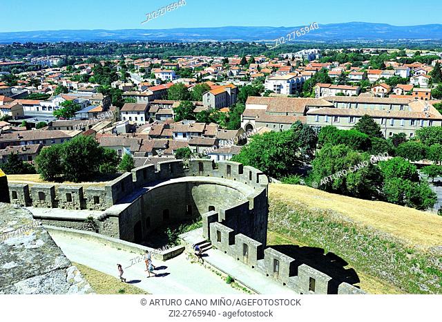 The view of the City from the Castle of the Earls, 13th century. Carcassonne, Aude department, Region of Occitanie, France