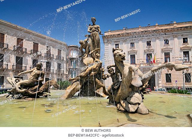 Artemide fountain in Syracuse historic city in Sicily Italy