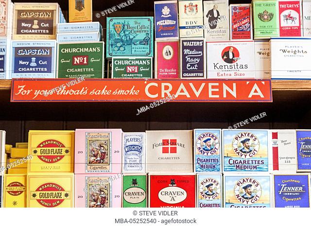 England, Birmingham, Dudley, The Black Country Living Museum, Tobacconist's Display of Cigarette Packets