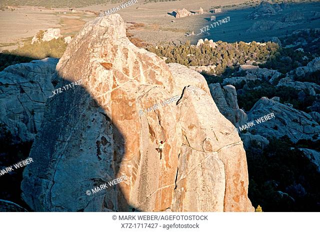 Rock climbing a route called Strategic Defense which is rated 5, 11 and located on Morning Glory Spire at The City Of Rocks National Reserve near the town of...