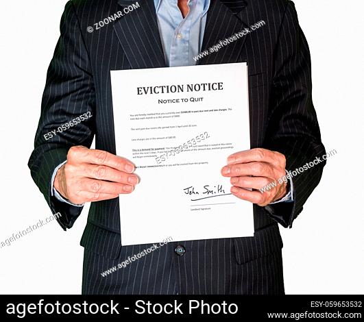 Man in suit serving an eviction notice to a defaulting renter in due to missed rent in recession against white background