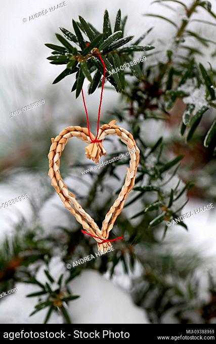 winterly Christmas scenery with traditional heart shaped straw ornament on a snow-covered fir branch
