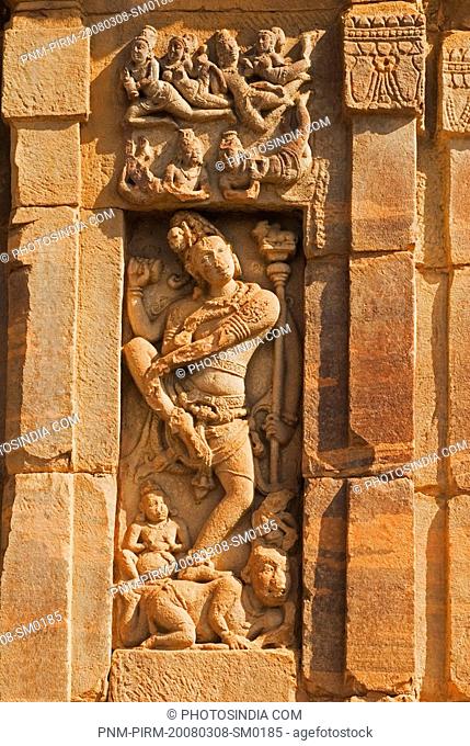 Bas relief on a temple, Virupaksha Temple, Pattadakal, Bagalkot, Karnataka, India