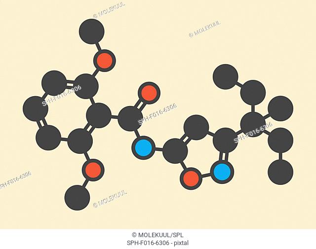 Isoxaben herbicide molecule. Stylized skeletal formula (chemical structure). Atoms are shown as color-coded circles: hydrogen (hidden), carbon (grey)