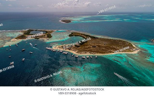 Aerial view Francisky Island Surrounded by crystal clear waters and beautiful beaches of fine white sand in the Caribbean Sea Los Roques Venezuela