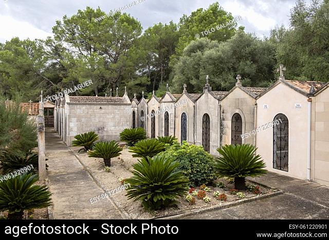 family pantheons with tile roof, Pina cemetery, Mallorca, Balearic Islands, Spain