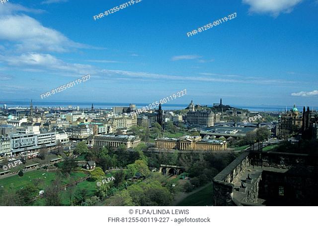 Scotland View from Edinburgh Castle, shows Princes St, Gardens, Waverley Station