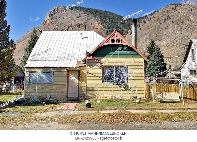 Historic building with Halloween decoration, silver mining town of Silverton, Colorado, USA