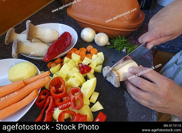 Southern German cuisine, preparing vegetables from the Roman pot, cutting mushrooms, herb mushrooms, red peppers, carrots, potato cubes, onions, knives
