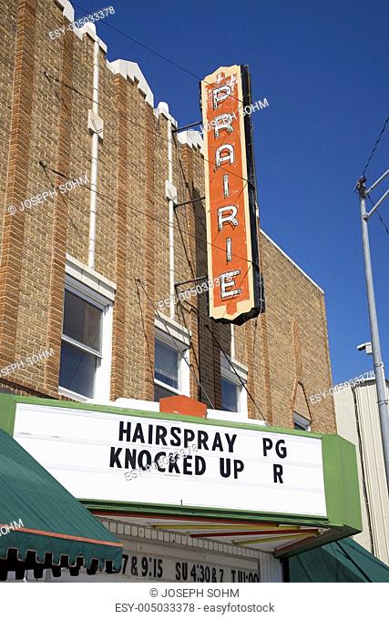 Old Prairie Movie theater sign showing films Hair Spray and Knocked Up, in Ogallala, Nebraska along the Lincoln Highway, US 30
