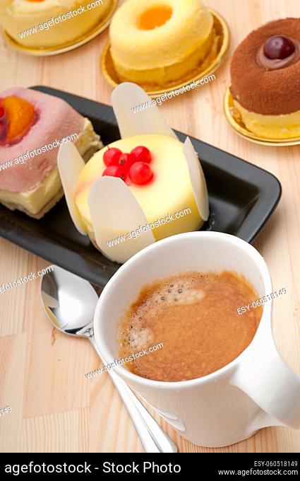 espresso coffee and fruit cream cake pastry closeup