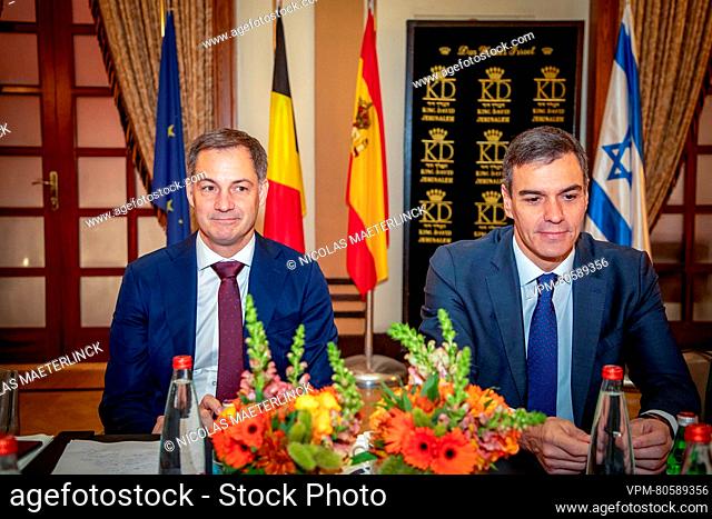 Prime Minister Alexander De Croo and Prime Minister of Spain Pedro Sanchez talk to Expert on international law professor Elkayam-Levy during a meeting during a...