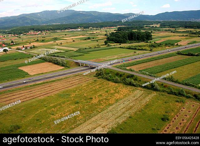 Aerial shot of highway A1 near Zagreb, Croatia