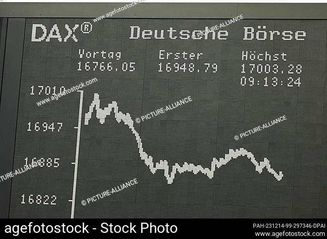 14 December 2023, Hesse, Frankfurt/Main: The DAX share index on the display board in the trading hall of the German Stock Exchange in Frankfurt