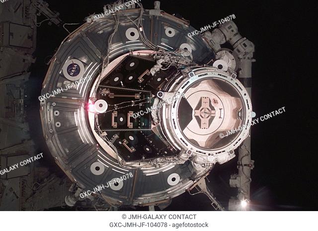 This closeup view of the forward docking port on the International Space Station (ISS) was photographed with a digital still camera by one the STS-111 crew...