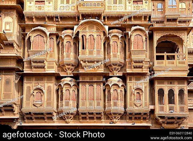 Jaisalmer, India - December 6, 2019: Facade of the beautiful Patwon Ki Haveli in the historic city centre