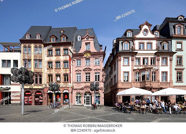 Restored town houses on Markt square, commercial buildings, Mainz, Rhineland-Palatinate, Germany, Europe, PublicGround