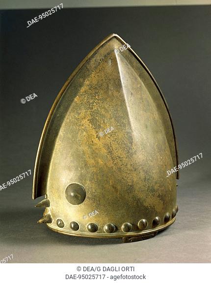 Prehistory, France, Bronze Age. Bronze helmet, height cm. 31. From Chalon-sur-Saone.  Chalon-Sur-Saone, Musée Denon (Archaeological And Art Museum)