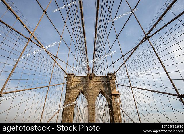 Architecture of Brooklyn bridge over east river in Brooklyn New York city NYC USA