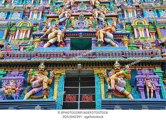 Colorful carved idols on the Gopuram of Nataraja Temple, Chidambaram, Tamil Nadu, India. Hindu temple dedicated to Nataraj. Shiva as the lord of dance