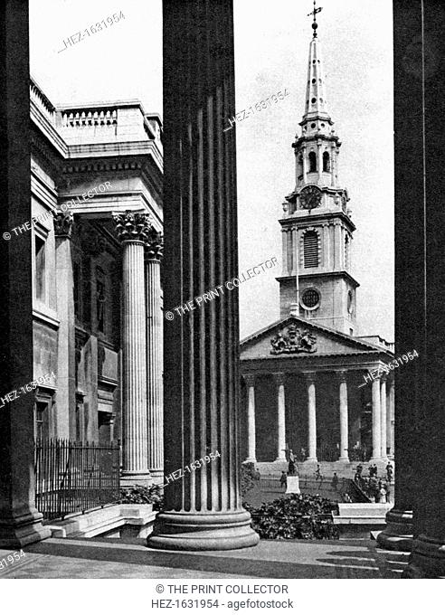 St Martin-in-the-Fields seen between the columns of the National Gallery, London, 1926-1927. Illustration from Wonderful London, volume I