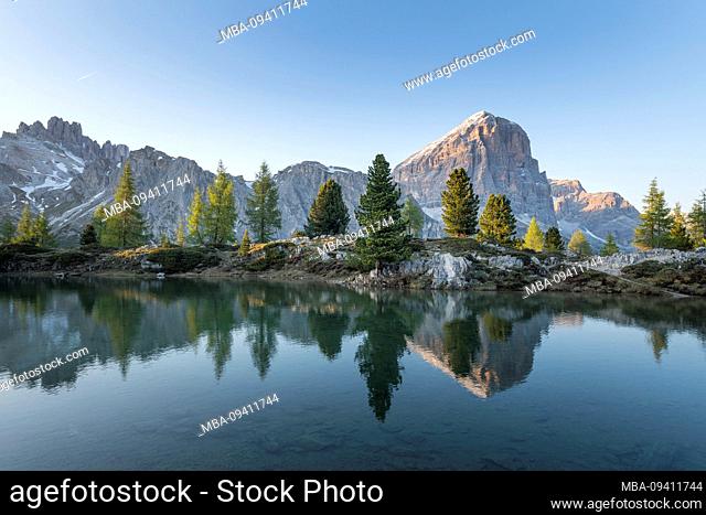 Lago die Limides with reflection of Tofane and Lagazuoi shortly before sunset, Dolomites, Italy