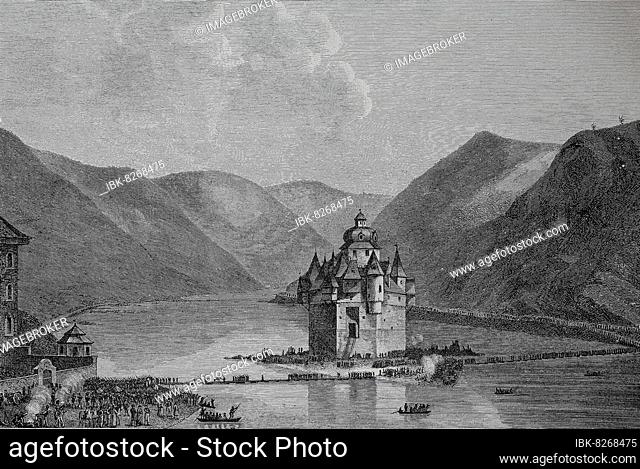 Generalmarschall Fürst Blücher von Wahlstatt führt die Alliierten bei Kaub über den Rhein (1814), Historisch, digital restaurierte Reproduktion einer...