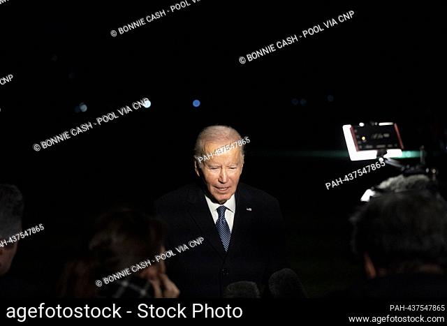 United States President Joe Biden speaks to the press after returning from a trip to Boston, Massachusetts on the South Lawn of the White House in Washington