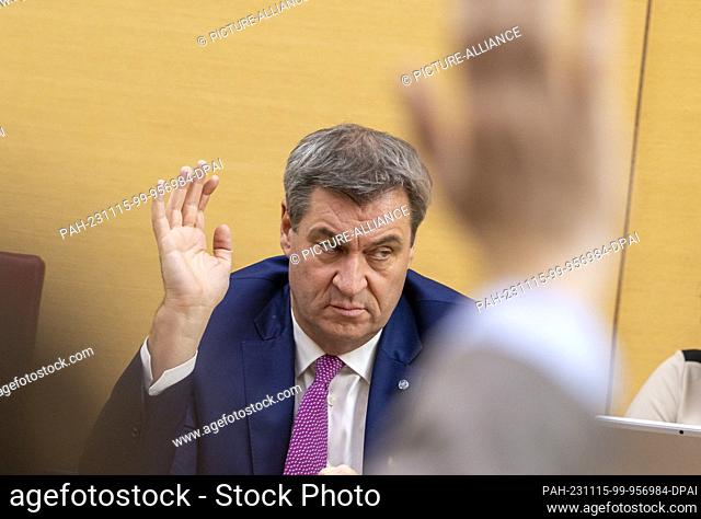 15 November 2023, Bavaria, Munich: Markus Söder, (CSU) Minister President of Bavaria, takes part in a vote during the plenary session in the Bavarian state...