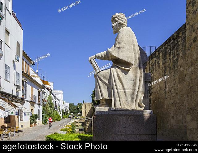 Cordoba, Cordoba Province, Andalusia, Spain. Statue of Averroes, Muslim polymath born in Cordoba 1126, died Marrakech, Morocco, 1198