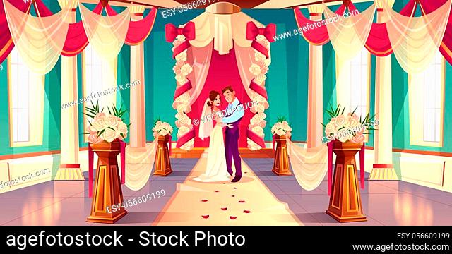 Happy bride and groom hugging, looking in each other eyes while standing together under wedding arch in decorated flowers ballroom in castle cartoon...