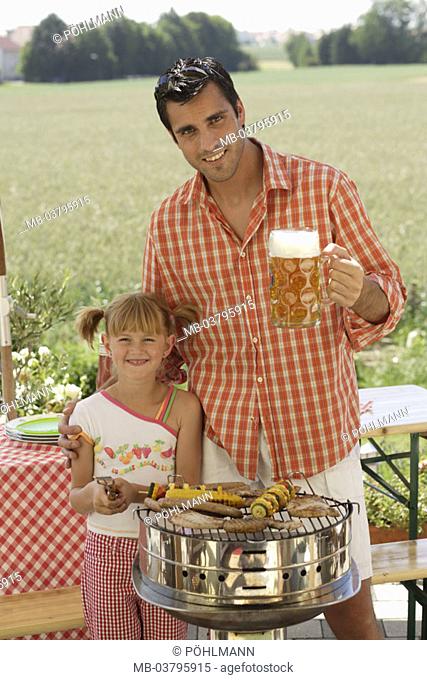 Father, daughter, garden, crickets,    Man, single, child, girls, garden grill, grill, grill tongs, charcoal grill, grill rust, meat, bratwursts, sausages