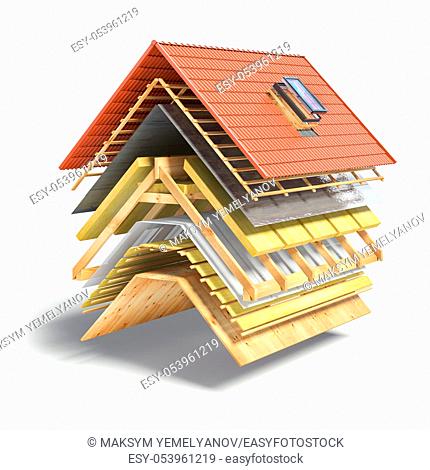 Construction of roof from ceramic tiles. Roof cover in layers isolaetd on white. 3d illustration