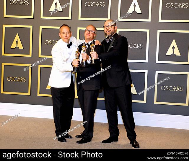 Jonas Rivera, Mark Nielsen and Josh Cooley at the 92nd Academy Awards - Press Room held at the Dolby Theatre in Hollywood, USA on February 9, 2020