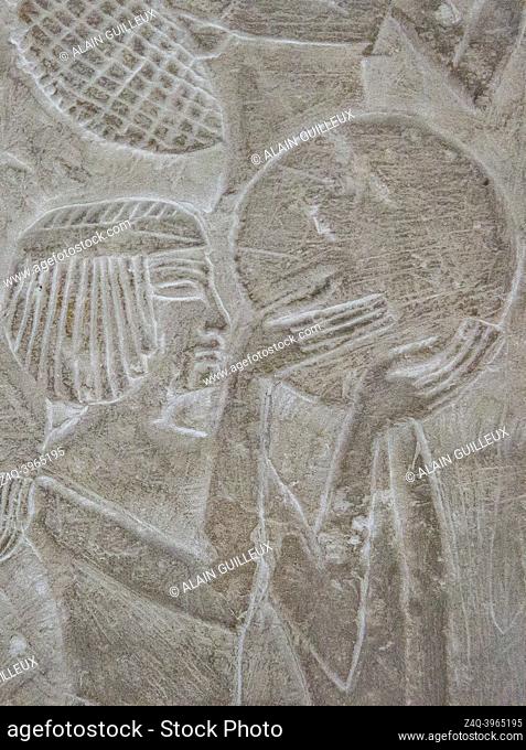 Cairo, Egyptian Museum, relief found in Saqqara : Funeral procession, young boy playing music