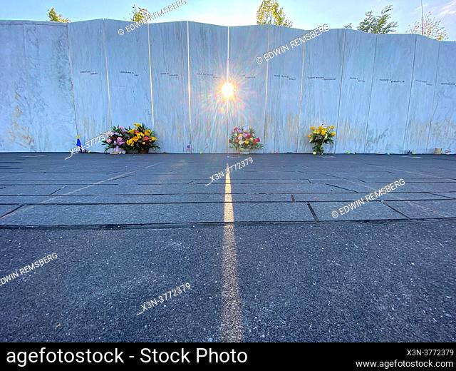 Flowers in front of names of those who died at Flight 93 Memorial, Shanksville, PA