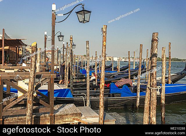 VENICE, ITALY: Gondolas moored in San Marco square in Venice