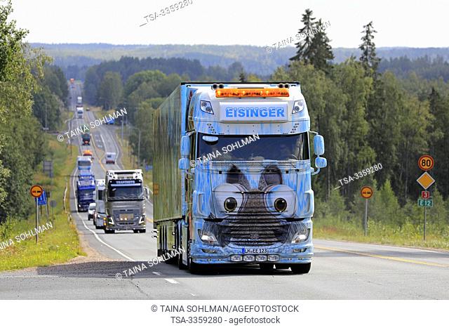 Ikaalinen, Finland. August 8, 2019. Spedition Eisinger DAF XF 106 510 Ice Age and trailer in truck convoy to Power Truck Show 2019