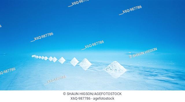 The salt pyramids on the salt flats of the Salar de Uyuni in Bolivia in Latin South America