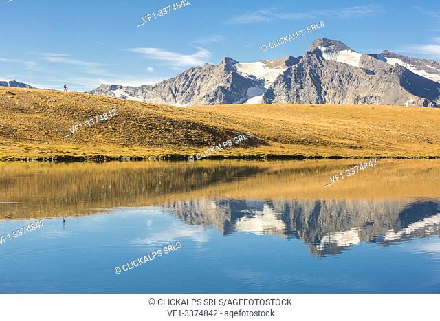 Cima del Carro and Grand Aiguille Rousse reflected in the Rosset Lake, Nivolet pass, Ceresole Reale, Gran Paradiso National Park, Piedmont region, Italy