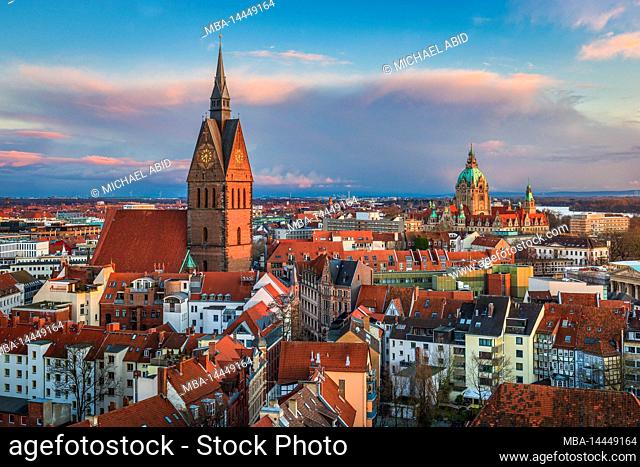Old town of Hannover with the market church in the foreground and the city hall in the background, Germany