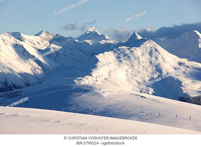 Winter landscape, view from Hangalm towards Großglockner Mountain, Thurn Pass, Tyrol, Austria