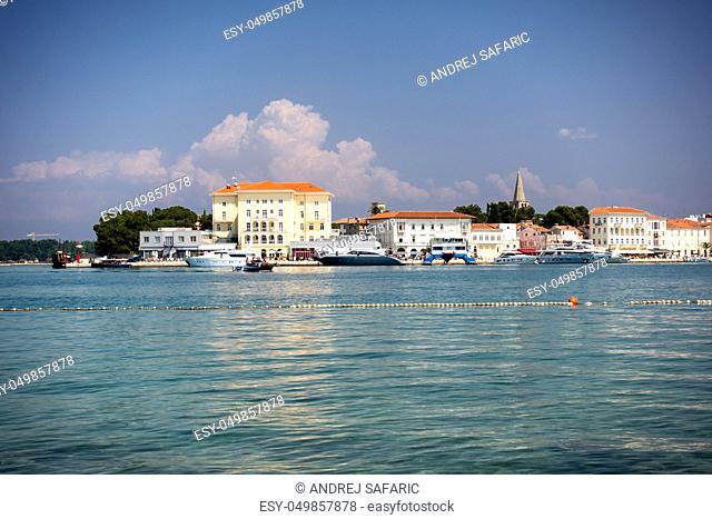 Histroric Istrian town of Porec, Croatia as seen from the sea and Sveti Nikola island